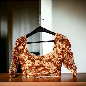 2/$25 NEW Zara Printed Drape Crop Top Square Neck Orange Floral Size XS